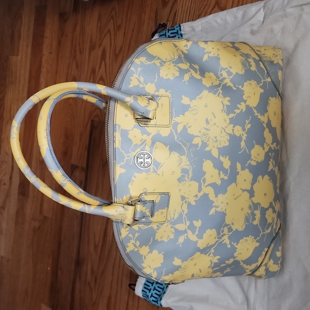 Tory Burch Robinson Dome Leather Handbag in Yellow and Gray Floral